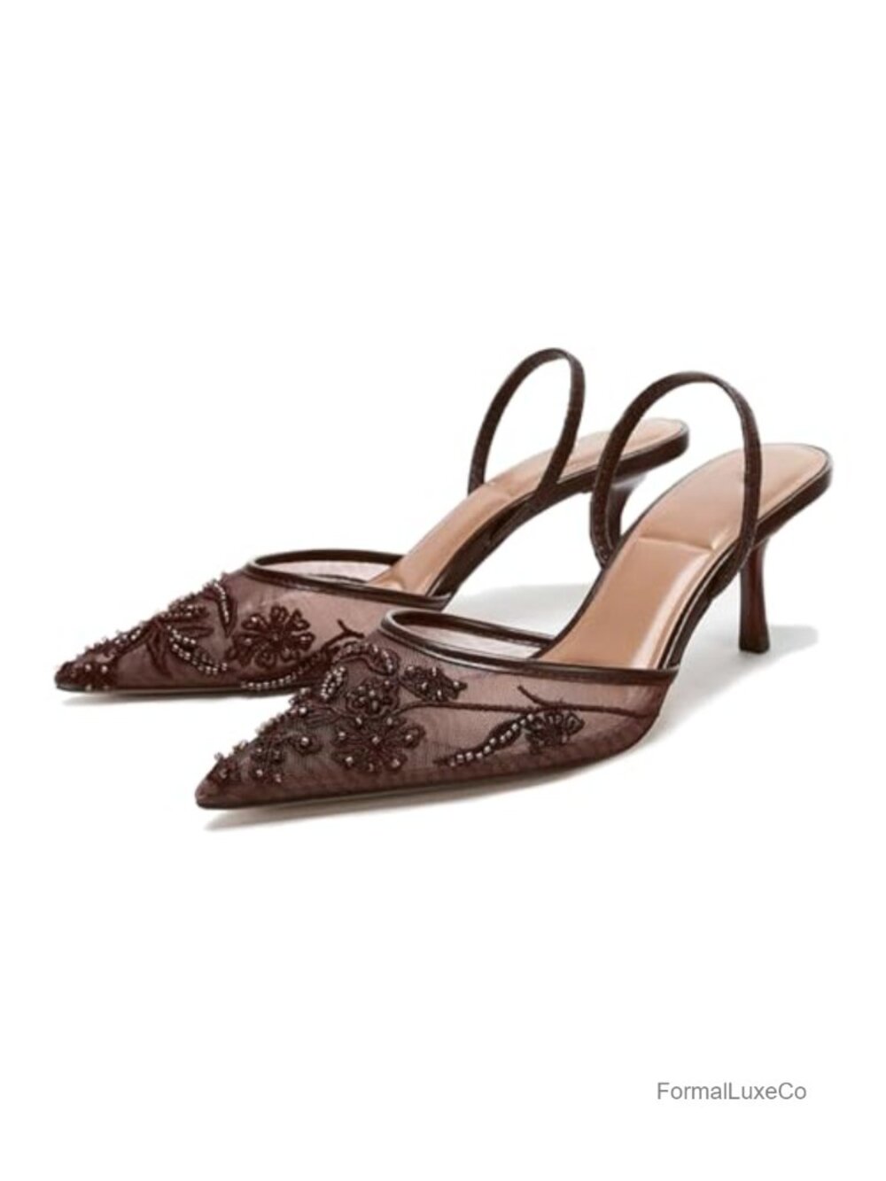Women's Mesh Embroidered Slingback Kitten Heels Pointed Toe Pumps